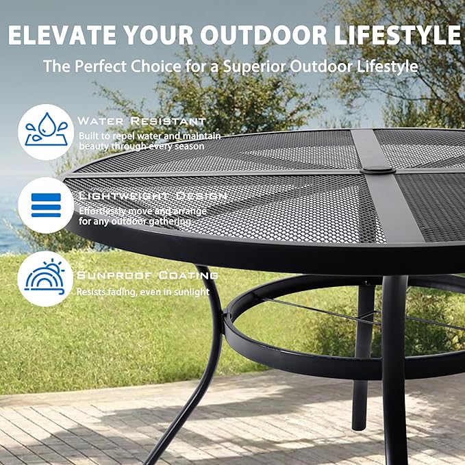 42'' Outdoor Patio Dining Table with Adjustable Umbrella Hole, Mesh Tabletop Round Table, Heavy Duty 400lbs Capacity, for Deck, Balcony, Bistro, Black
