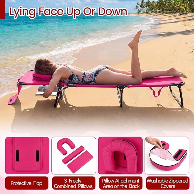 COSTWAY Tanning Chair with Face Hole, Pillows & Adjustable Backrest, Portable with Carrying Bag, Folding Beach Chaise Lounge for Sunbathing, Seaside (1, Pink)