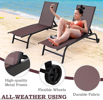 EROMMY Patio Chaise Lounge Chair Set of 2 with Wheels, Oversized 26" W Outdoor Lounge Chairs with Adjustable Backrest, Waterproof Poolside Lounge Chairs