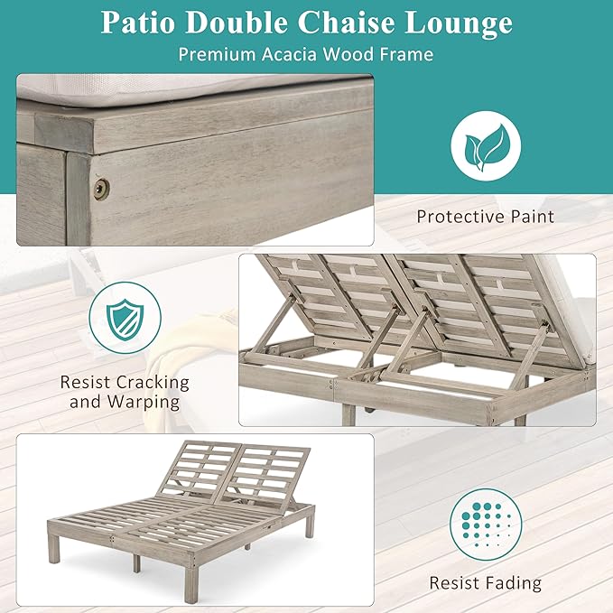 Merax Double Chaise Lounge Outdoor, 2-Person Acacia Wood Patio Daybed with 5-Position Adjustable Backrest and Folding Side Trays, Outside Furniture with Thick Cushions for Porch Poolside Garden,Grey