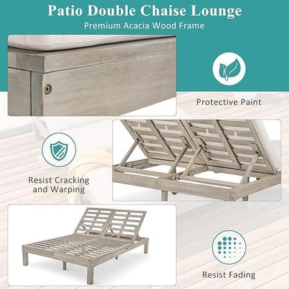 Merax Double Chaise Lounge Outdoor, 2-Person Acacia Wood Patio Daybed with 5-Position Adjustable Backrest and Folding Side Trays, Outside Furniture with Thick Cushions for Porch Poolside Garden,Grey