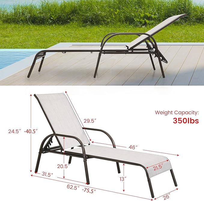 Giantex Patio Lounge Chair, Outdoor Chaise Lounge with 5 Adjustable Backrest, Sturdy Steel Frame, Sunbathing Recliner - Photo 3
