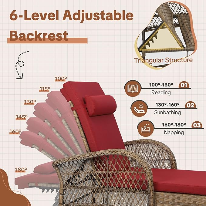 HOMEDIARY 3-Piece Outdoor Wicker Lounge Chair Set, Patio Chaise Loungers Set of 2 w/Side Table - Photo 3