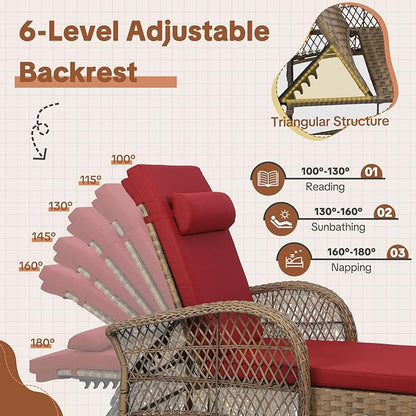 HOMEDIARY 3-Piece Outdoor Wicker Lounge Chair Set, Patio Chaise Loungers Set of 2 w/Side Table, 6-Position Adjustable Poolside Sunbathing Recliner, Armrest and Head Pillow, Fade-Resistant, Red