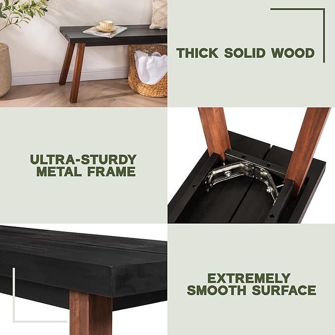 Solid Wood Bench - Minimalist Design, Acacia Wood Construction, Black Mix Brown Color, Versatile for Entryway, Living Room, Bedroom & Outdoors, Easy Assembly & Weather-Resistant