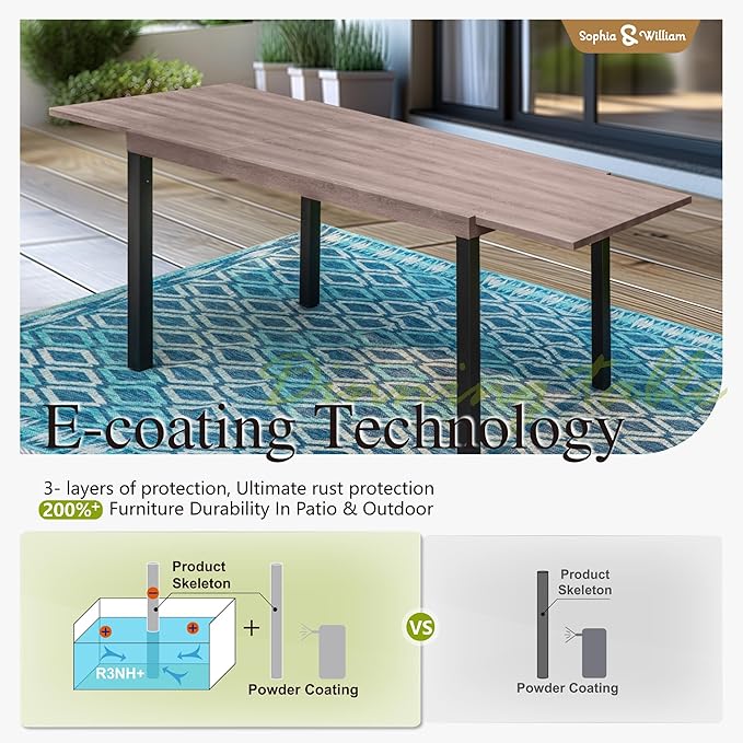 Sophia & William Expandable Patio Dining Table, Extra Large 99.2" L x 35.5" W Outdoor Dining Table for 6-10 Person Metal Rectangular Patio Table with E-Coating for Garden Porch Deck, Brown