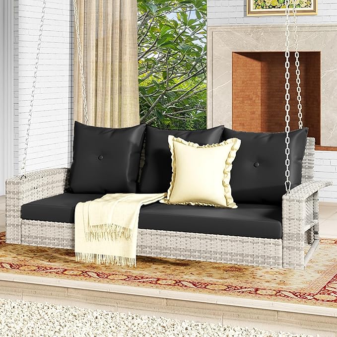 DWVO 3-Seats Wicker Hanging Porch Swing Chair Outdoor Gray Rattan Patio Swing Lounge 3 Back Cushions Capacity for Garden - Photo 7