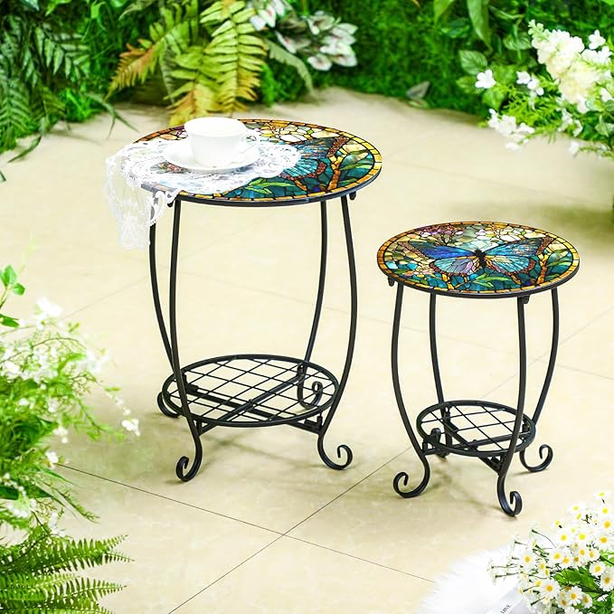 2 Pcs Outdoor Side Table Small Patio Round Mosaic Accent End Table Indoor Plant Metal Coffee Tea Tables for Patio Yard - Photo 6