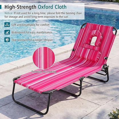 GYMAX Tanning Chair, Folding Lounge Chairs with Face Hole & Cover, Removable Pillow Carry Handle, Portable Compact Outdoor Layout Recliner for Beach, Poolside, Lawn, Patio, Camping (Pink Stripe,2)