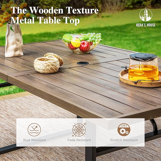 HERA'S HOUSE 64" Patio Table for 6, Wood-Like Metal Steel Slat Rectangle Outdoor Dining Table with Umbrella Hole for Lawn Garden Backyard