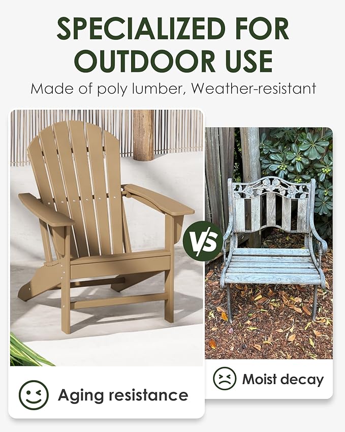 Poly Lumber Adirondack Chair, HDPE All-Weather Resistant Outdoor Patio Chairs, Pre-Assembled Outdoor Fire Pit Chair for Pool, Deck, Backyard, Garden, Weather Wood