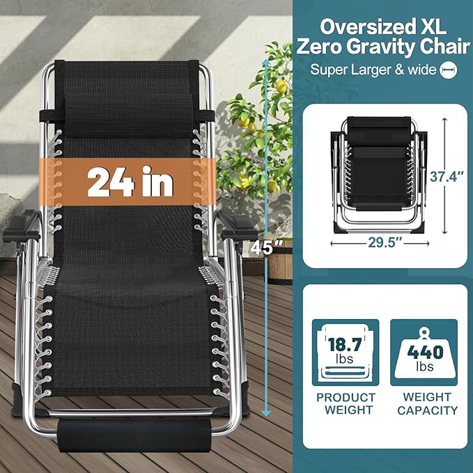 NAIZEA Widened Zero Gravity Chair 29" XL, Oversized Outdoor Lounge Chairs - Photo 3