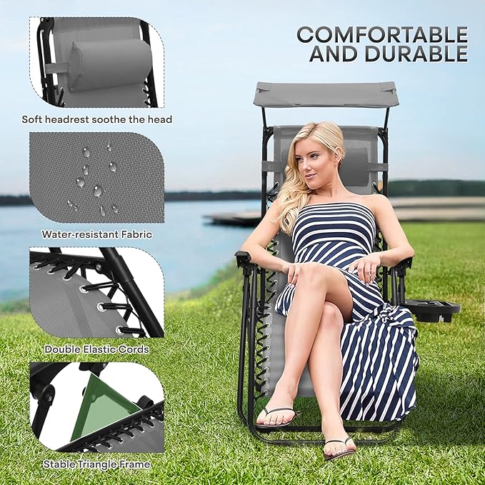 Athena Collection Folding Zero Gravity Chair with Canopy, Adjustable Lounge Chair Recliner, Outdoor Lawn Chair Camping Chairs Beach Chaise Chairs with Headrest & Cup Holder for Patio Pool, Gray