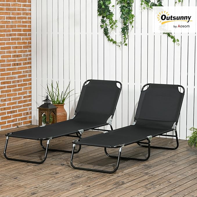 Outsunny 2 Piece Folding Chaise Lounge Pool Chairs, Outdoor Sun Tanning Chairs with 5-Level Reclining Back - Photo 2