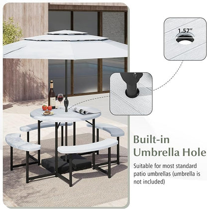Giantex Picnic Table Bench Set for 4-8 Person, Round 37” Outdoor Dining Table w/Umbrella Hole, HDPE Tabletop, Metal Frame, Patio Furniture Set for Backyard Porch Lawn, 1400lb Capacity (White,Round)
