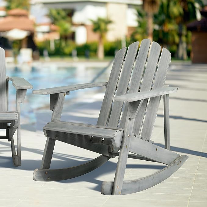 JONATHAN Y PAT1000B Kiawah Outdoor Patio Classic Acacia Wood Adirondack Rocking Chair for Garden, Lawn, Backyard, Pool, Deck, Beach, Firepit, Gray