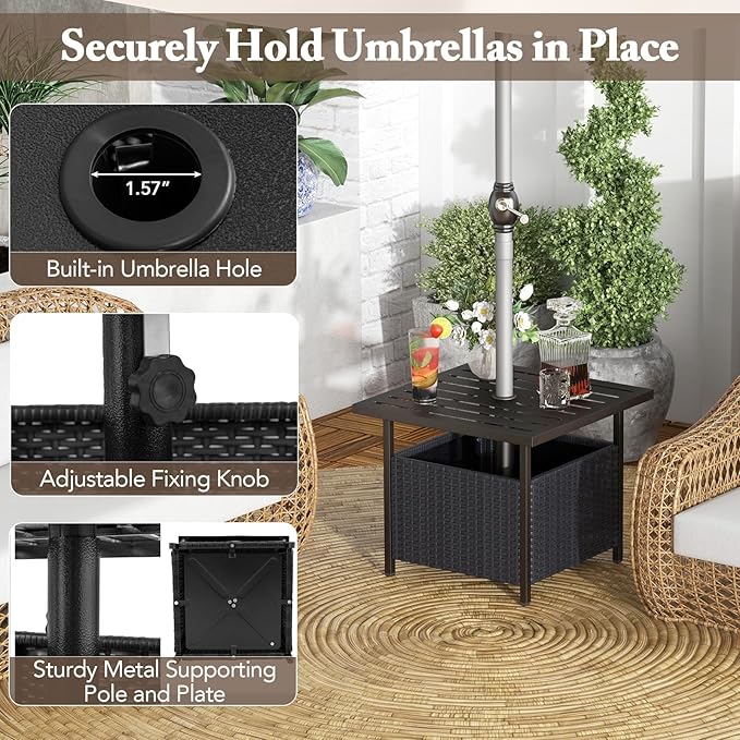 Giantex Outdoor Side Table with Umbrella Hole, 22" Wicker Umbrella Stand Holder and Base, Weather-Resistant PE Rattan Patio End Table for Deck Garden Poolside (Metal Tabletop, Black)