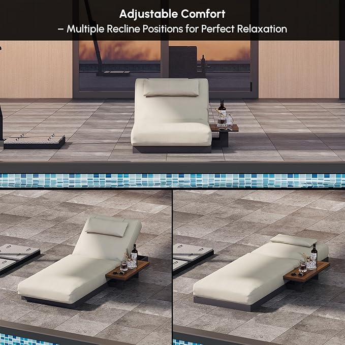 homary Modern Outdoor Lounge Chair, Patio Pool Lounger Outdoor Chaise with Beige Cushions & Built-in Side Table, Adjustable Backrest, Weather-Resistant Metal Frame