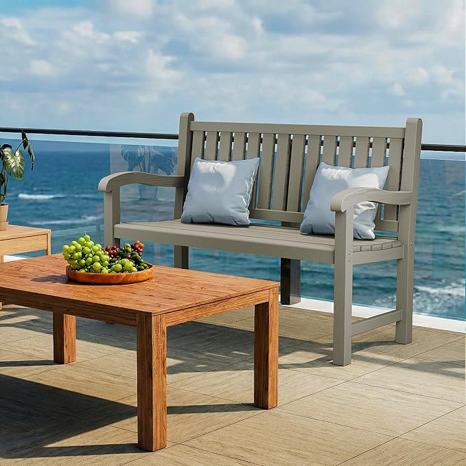 ROJIK Outdoor Bench Resin Patio Chairs Waterproof 2-Person Slatted Chairs with Sturdy Frame - Photo 5
