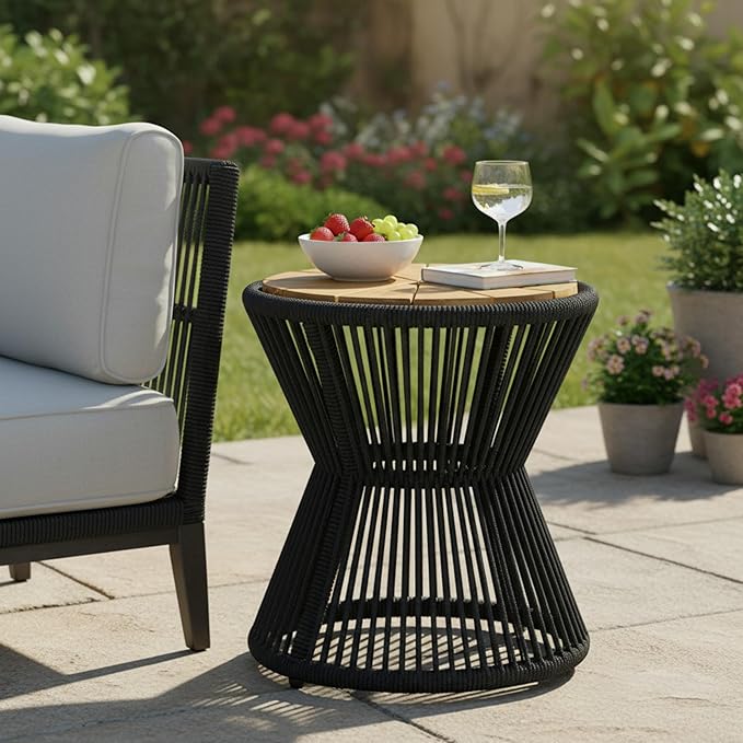 Merax Bohemian Round Outdoor Side Table with Acacia Wood Top and Black Handwoven Rope Base, Elegant Hourglass Design Patio Coffee Table for Garden, Pool, Deck, Balcony, Yard, 18.9" Height, No Assembly