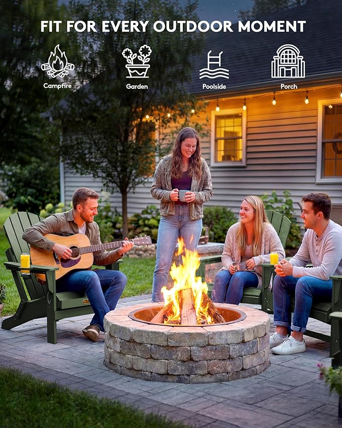 SERWALL Adirondack Chair Set of 4, Weather Resistant HIPS Patio Chairs with Cup Holder for Patio Garden Outdoors Fire Pit- Army