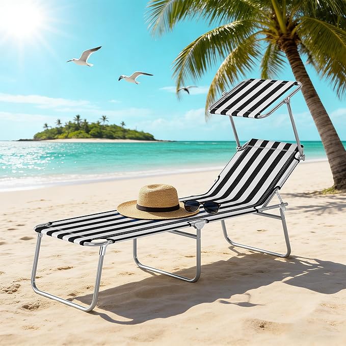 Outsunny Outdoor Lounge Chair, Adjustable Folding Chaise Lounge, Tanning Chair with Sun Shade for Beach, Camping, Hiking - Photo 9