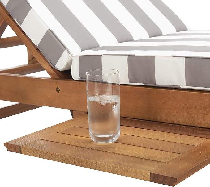 SAFAVIEH Outdoor Collection Newport Natural/ Grey & White Stripe Cushion Built-in Side Table Adjustable Chaise Lounge Chair