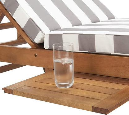 SAFAVIEH Outdoor Collection Newport Natural/ Grey & White Stripe Cushion Built-in Side Table Adjustable Chaise Lounge Chair