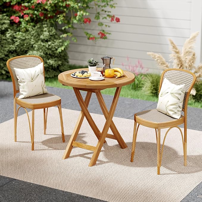 Tangkula 27.5" Teak Wood Patio Dining Table, Round Outdoor Bistro Table with Slatted Tabletop, Sturdy X-Shaped Frame, Wood Outside Table for Backyard, Poolside, Garden, Lawn, Natural