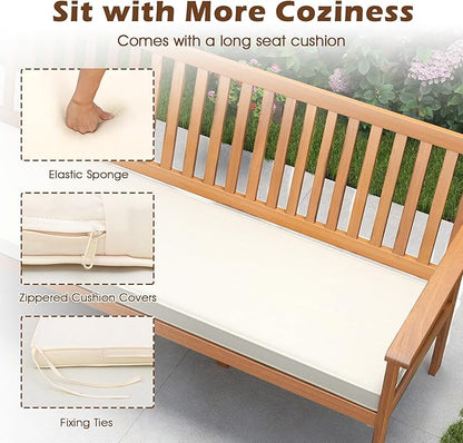 Tangkula 3-Seat Acacia Wood Outdoor Bench with Cushion, 64" Extra Long Garden Bench with Slatted Seat & Backrest, 3-Person Patio Wood Bench for Backyard, Porch, Balcony & Garden