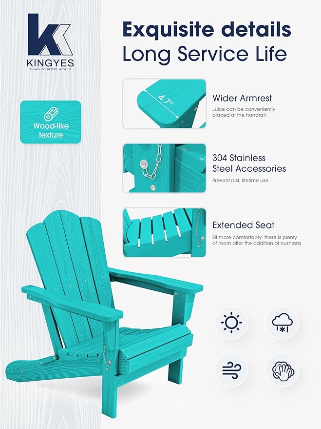 KINGYES Folding Adirondack Chair, HDPE All-Weather Patio Chairs, Wooden Textured Lawn Chair for Poolside, Backyard, Deck, Fire Pit, Aruba