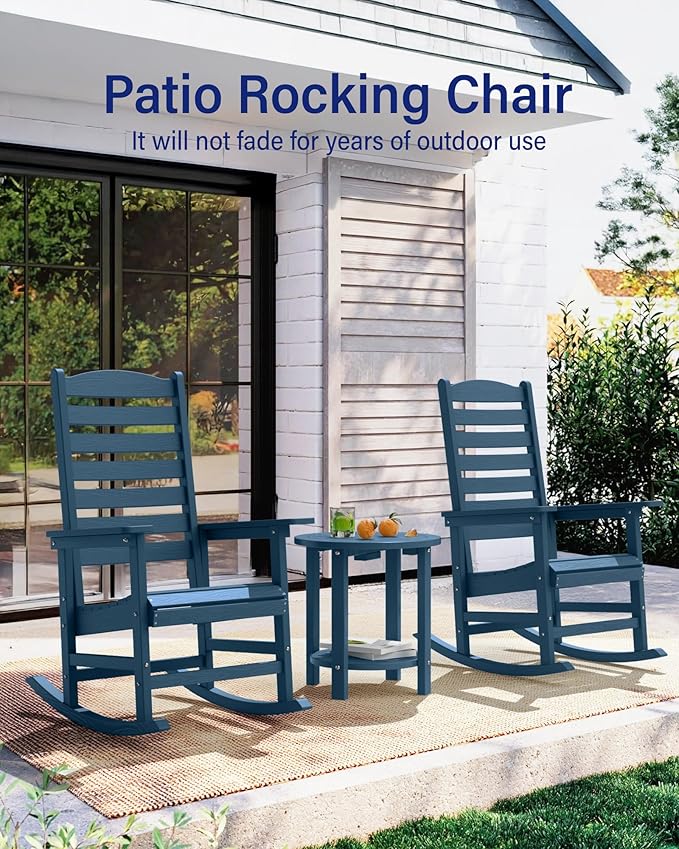 YEFU Outdoor Rocking Chair Set of 2,Poly Porch Rocker with Curved Backrest,All Weather Patio Rocking Chair,Like Real Wood,for Indoor,Lawn, Backyard,Garden,Heavy Duty,Weight Capacity 380lbs(Navy Blue)