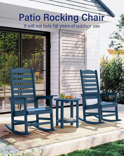 YEFU Outdoor Rocking Chair Set of 2,Poly Porch Rocker with Curved Backrest,All Weather Patio Rocking Chair,Like Real Wood,for Indoor,Lawn, Backyard,Garden,Heavy Duty,Weight Capacity 380lbs(Navy Blue)
