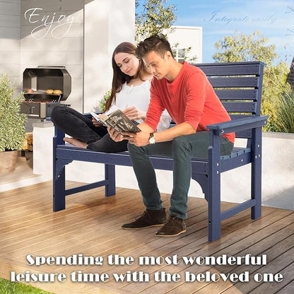 HDPE Outdoor Bench with Cup Holders, All Weather Garden Bench Suitable for 2-3 Person, Patio Benches Furniture with High Backrest and Wide Armrests for Front Porch, Garden, Backyard and Park, Blue