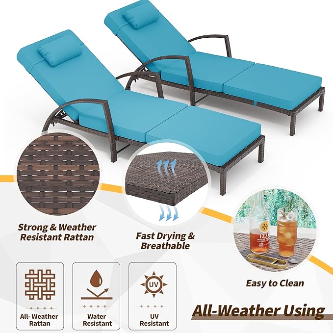 Outdoor Chaise Lounge Set of 2 Rattan Patio Folding Chaise Lounge Adjustable 5 Position Back Patio Pool Lounge Chair with Cushion Pillow for Poolside Backyard Deck Porch Peacock Blue