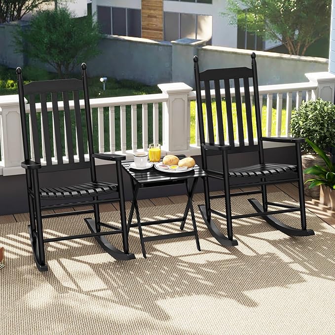 Giantex Outdoor Rocking Chair Set of 2, All Weather Patio Rocker w/Solid Rocking Base & High-Back, Slatted Seat & Back, Acacia Wood Porch Rocker, Wooden Patio Rocking Chair for Poolside, Black