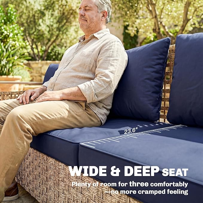 Outsunny Outdoor Patio Couch with Wide and Deep Seat, 3 Seater Wicker Outdoor Sofa with Wide Metal Armrests, Patio - Photo 4