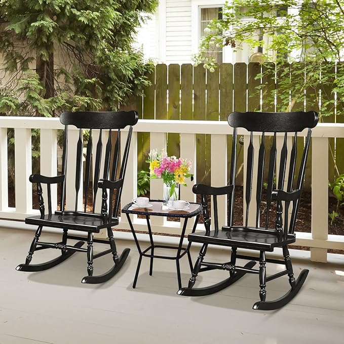 Tangkula Patio Rocking Chair Solid Rubber Wood, Outdoor Porch Rocker Chair with Rubber Wood Frame, Indoor Wooden Rocking Chair, Ideal for Garden, Backyard & Balcony (2, Black)