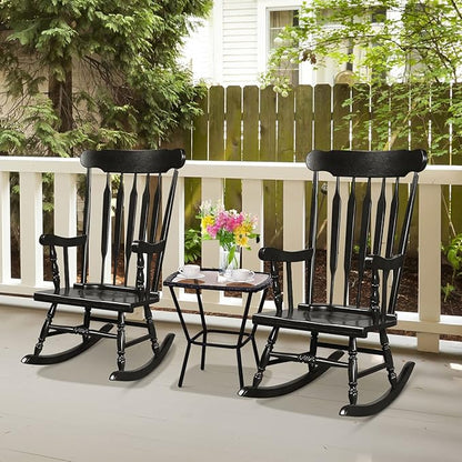Tangkula Patio Rocking Chair Solid Rubber Wood, Outdoor Porch Rocker Chair with Rubber Wood Frame, Indoor Wooden Rocking Chair, Ideal for Garden, Backyard & Balcony (2, Black)