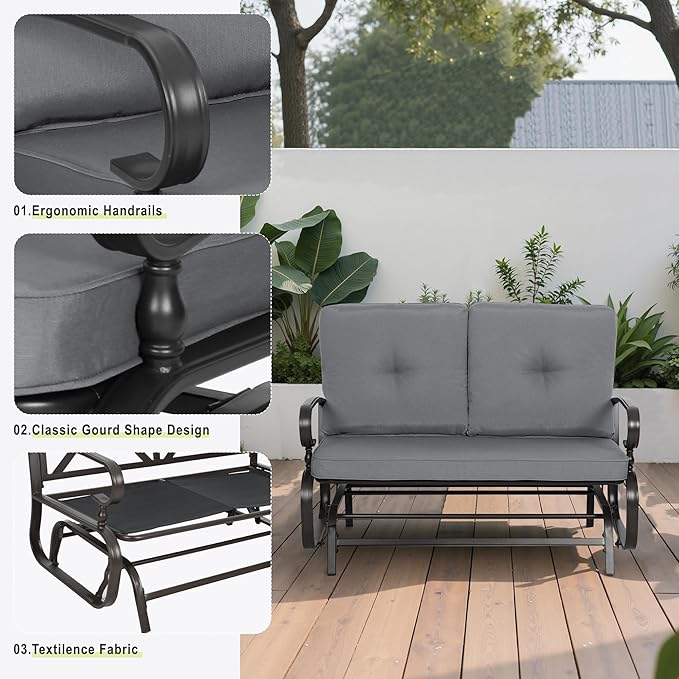 SUNCROWN Outdoor Swing Glider Chair, Patio 2 Seats Loveseat Rocking Chair with Cushions - Photo 6