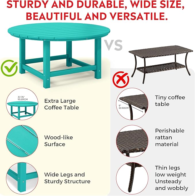 Costaelm Patio Conversation Table, Tatio Accent HDPE Outdoor Weather Resistant, Round Outdoor Porch Balcony Patio Drink Table for Outside, Pool, Backyard, Turquoise