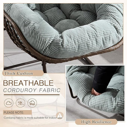Large Indoor Rocking Chair, Oversized Rocking Papasan Chair with Thick Cushion and Frame,Comfy Corduroy Rocker Wicker Egg Chairs Lounge Reading Chair for Living Room, Bedroom, Apartment,Green