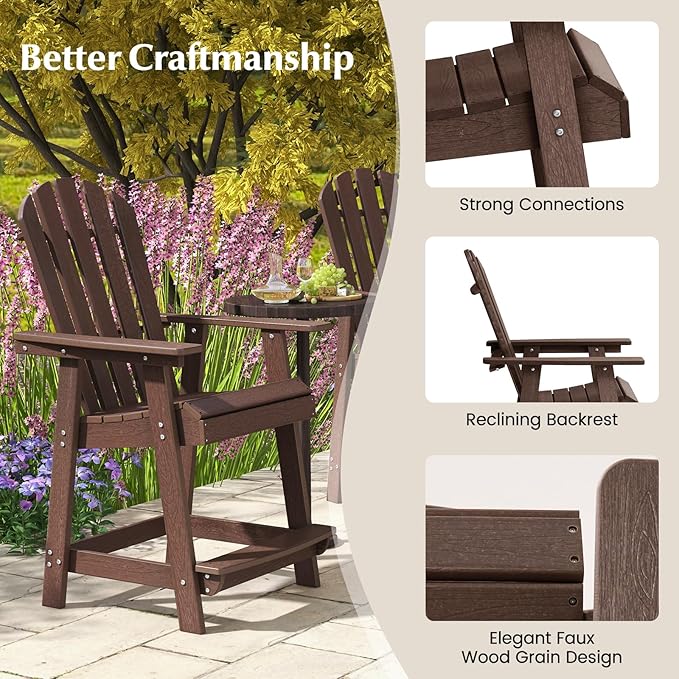 Tangkula Outdoor Bar Stool, HDPE Tall Adirondack Chair with Armrest & Footrest, Weather Resistant 47 Inch Counter Height Barstool Lifeguard Chair for Pool Deck Patio Garden, Balcony Chairs (2, Brown)