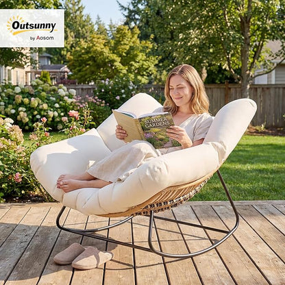 Outsunny Papasan Rocking Chair, Wicker Oversized Indoor Outdoor Rocking Chair with Cushion, PE Rattan Padded Outdoor Rocker Egg Chairs for Living Room, Garden, Patio, Balcony, Beige