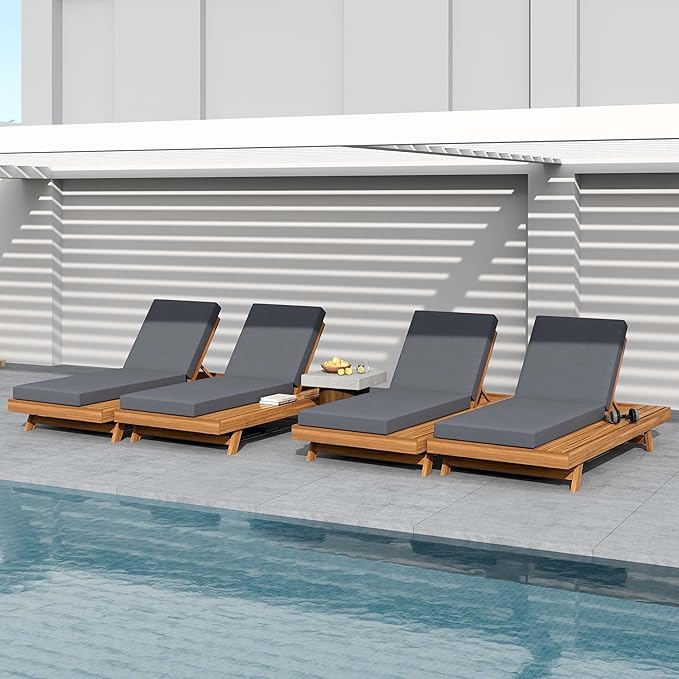Acacia Wood Outdoor Chaise Lounge with Open Slatted Side, 4-Position Pool Lounge Chairs with All-Weather Cushion - Photo 8