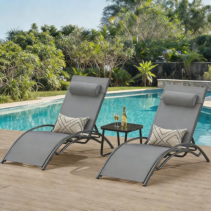 DWVO Outdoor Chaise Lounge Chair Set, 3-Piece Patio Lounge Chairs with Coffee Table & 5-Position Adjustable Backrests, Headrest, Armrest, Sunbathing Recliners for Poolside, Backyard, Navy