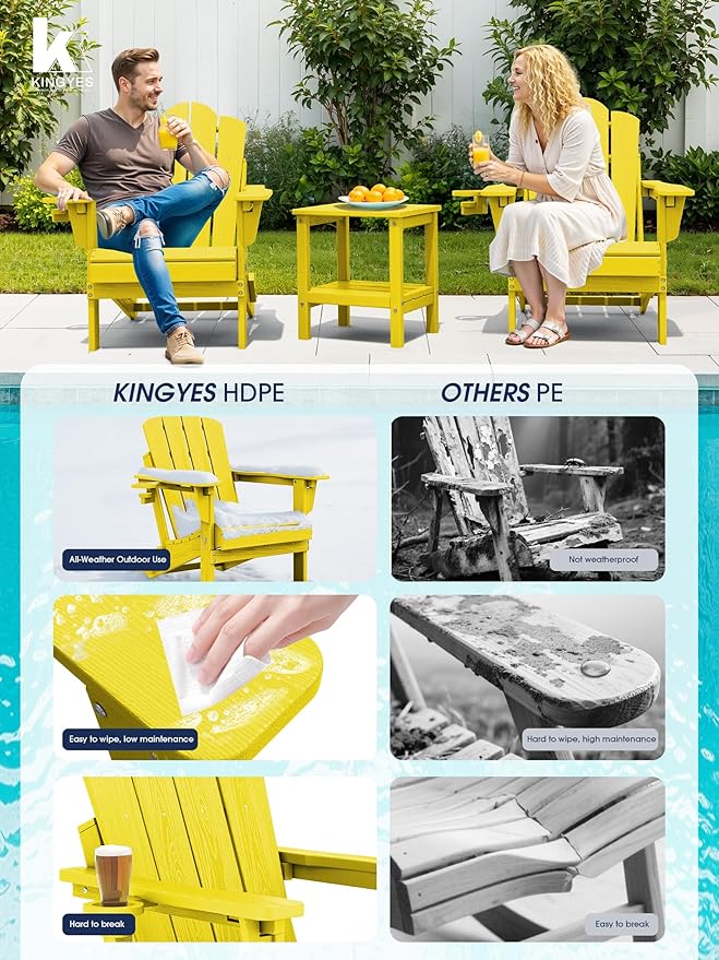 KINGYES Adjustable Folding Adirondack Chair, 3-Position Reclining Adirondack Chairs with Cup Holder, HDPE All-Weather Oversized Adirondack for Outdoor, Patio, Backyard Deck, Fire Pit, Yellow