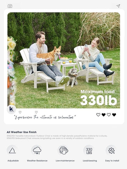 KINGYES Folding Adjustable Adirondack Chair with Ottoman & 2 Cup Holders Set of 4, HDPE Adirondack Recliner Chair with Footrest, White