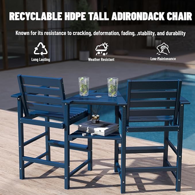 Tall Adirondack Chair Set of 2 ,HDPE Adirondack Bar Stools with Removable Connecting Trays ,Weather Resistant Balcony Chair,Outdoor Adirondack Bar Chairs for Patio,Pool,Garden, Backyard Navy Blue