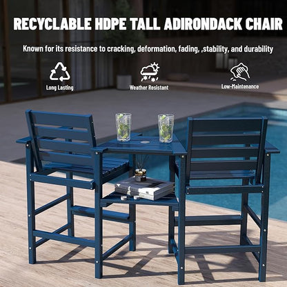 Tall Adirondack Chair Set of 2 ,HDPE Adirondack Bar Stools with Removable Connecting Trays ,Weather Resistant Balcony Chair,Outdoor Adirondack Bar Chairs for Patio,Pool,Garden, Backyard Navy Blue